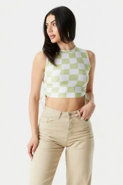 Stitches Ladies Checkered Print Cinched Sides Crop Tank Top