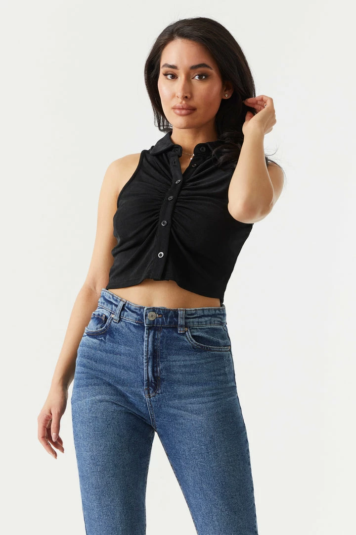 Stitches Ladies Tops Button-Up Front Cropped Polo Tank Top 4 Stitches Ladies Tops Button-Up Front Cropped Polo Tank Top