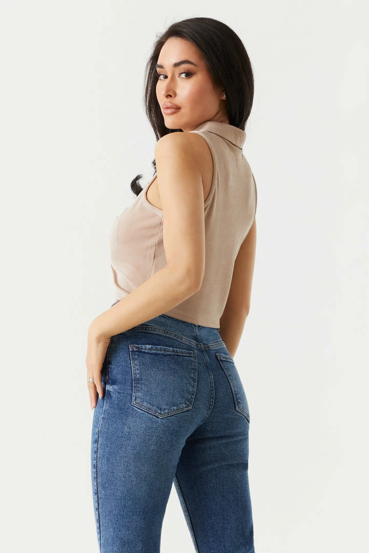 Stitches Ladies Tops Button-Up Front Cropped Polo Tank Top 11 Stitches Ladies Tops Button-Up Front Cropped Polo Tank Top