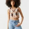 Stitches Ladies Tan Argyle Print V-Neck Cropped Knit Vest