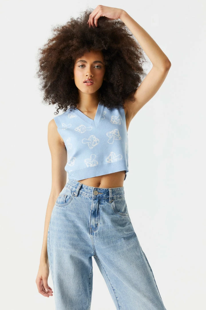 Stitches Ladies Mushroom Print V-Neck Cropped Knit Vest 1 Stitches Ladies Mushroom Print V-Neck Cropped Knit Vest