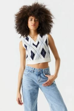 Stitches Ladies Argyle Print V-Neck Cropped Knit Vest Sweaters