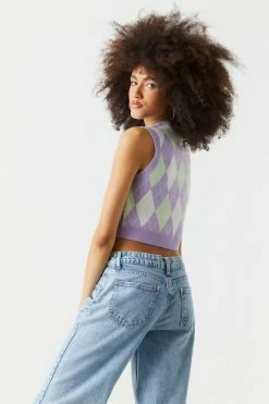 Stitches Ladies Purple Argyle Print V-Neck Cropped Knit Vest Sweaters