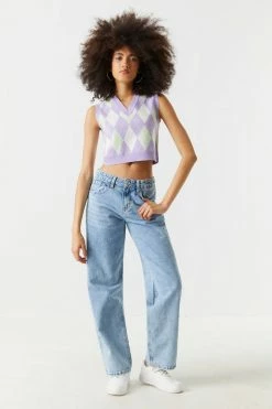 Stitches Ladies Purple Argyle Print V-Neck Cropped Knit Vest Sweaters