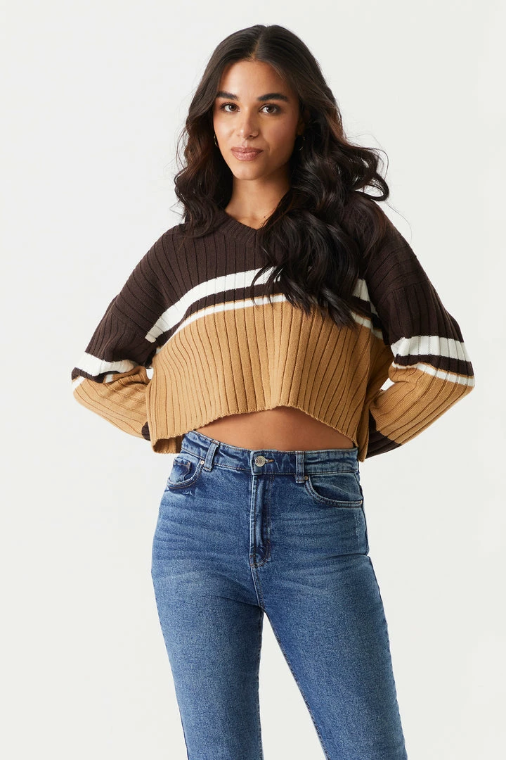 Stitches Ladies Colour Block Cropped V-Neck Varsity Sweater Sweaters 4 Stitches Ladies Colour Block Cropped V-Neck Varsity Sweater Sweaters