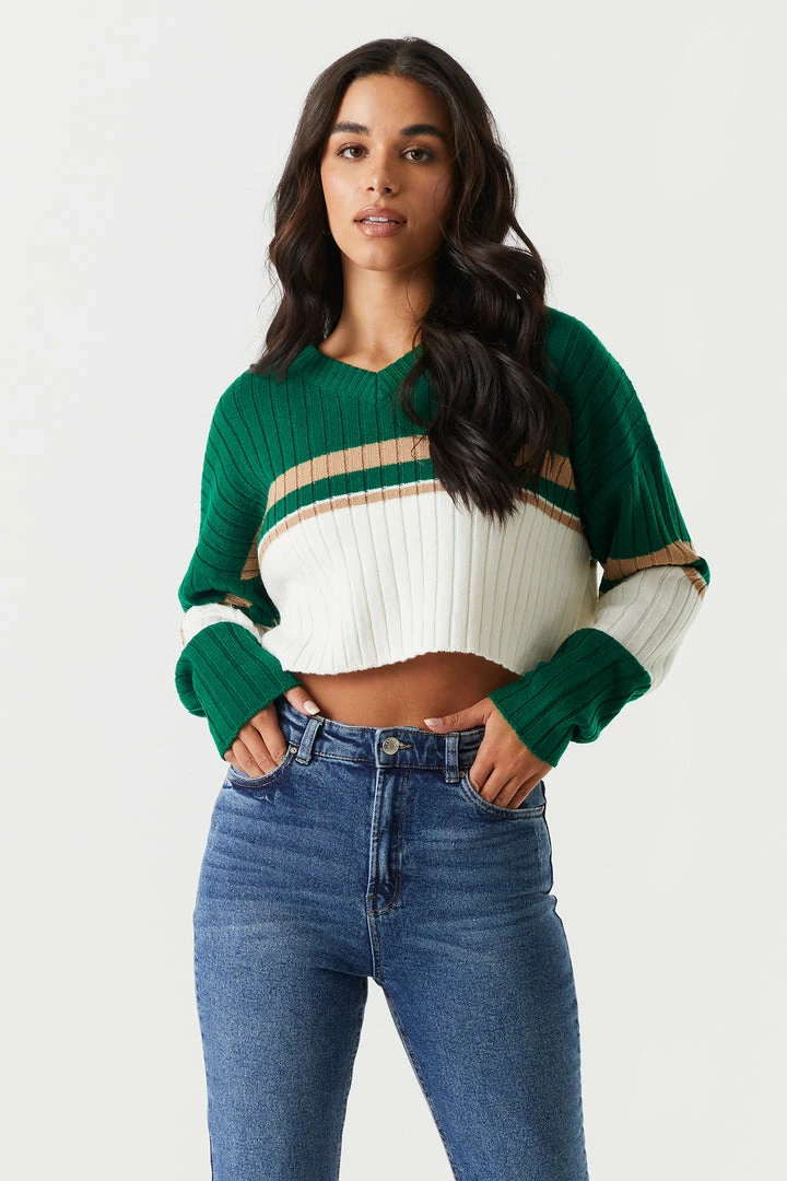 Stitches Ladies Colour Block Cropped V-Neck Varsity Sweater Sweaters 1 Stitches Ladies Colour Block Cropped V-Neck Varsity Sweater Sweaters