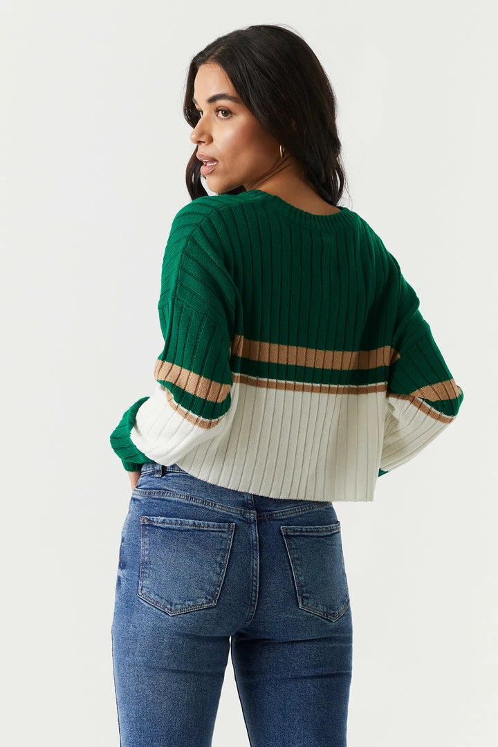 Stitches Ladies Colour Block Cropped V-Neck Varsity Sweater Sweaters 2 Stitches Ladies Colour Block Cropped V-Neck Varsity Sweater Sweaters