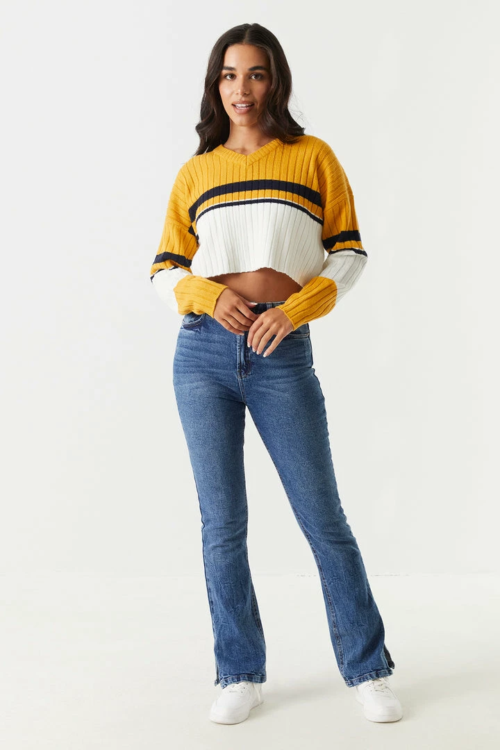 Stitches Ladies Colour Block Cropped V-Neck Varsity Sweater Sweaters 9 Stitches Ladies Colour Block Cropped V-Neck Varsity Sweater Sweaters