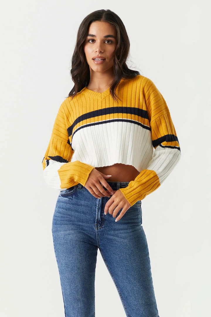 Stitches Ladies Colour Block Cropped V-Neck Varsity Sweater Sweaters 7 Stitches Ladies Colour Block Cropped V-Neck Varsity Sweater Sweaters