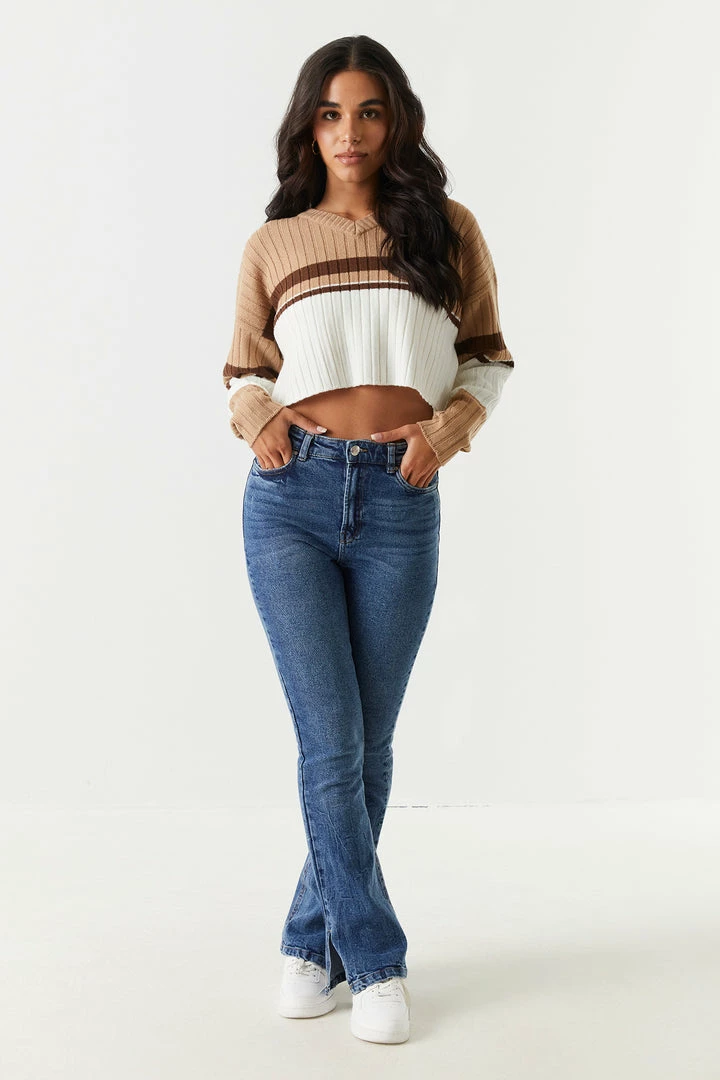 Stitches Ladies Colour Block Cropped V-Neck Varsity Sweater Sweaters 12 Stitches Ladies Colour Block Cropped V-Neck Varsity Sweater Sweaters