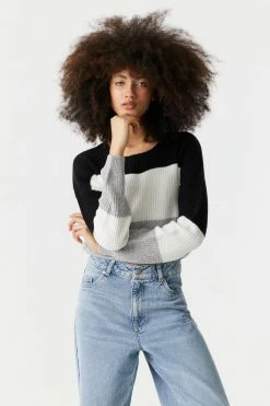 Stitches Ladies Thick Striped Cropped Crewneck Sweater Sweaters