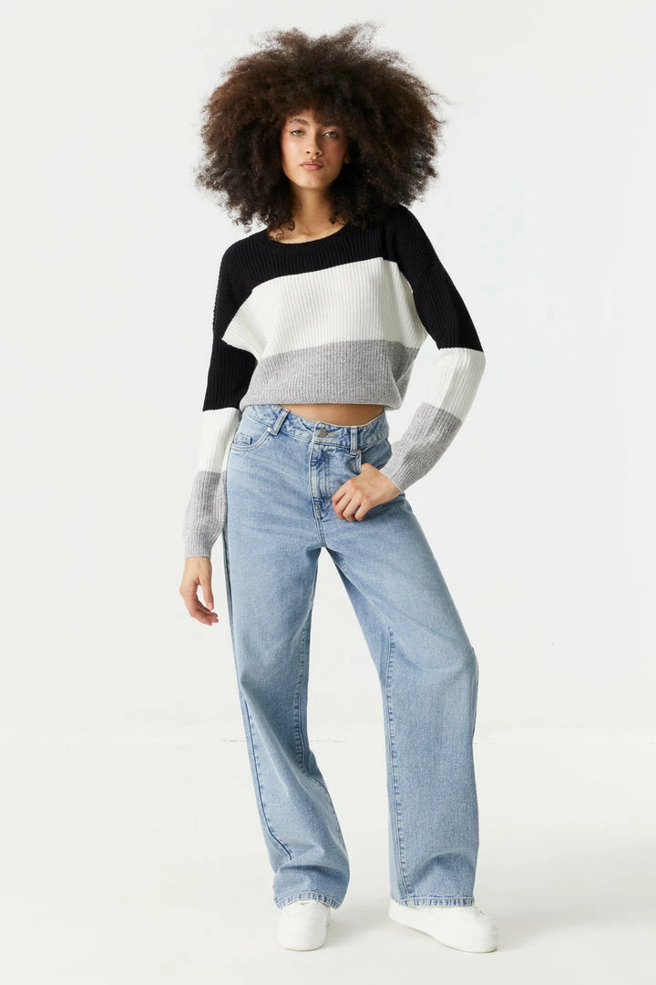 Stitches Ladies Thick Striped Cropped Crewneck Sweater Sweaters 3 Stitches Ladies Thick Striped Cropped Crewneck Sweater Sweaters