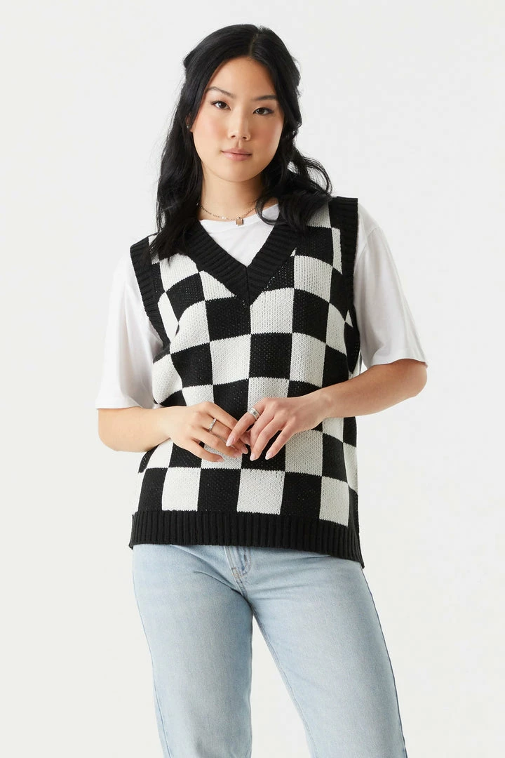 Stitches Ladies Sweaters Black Checkered Print Chunky Knit Vest 1 Stitches Ladies Sweaters Black Checkered Print Chunky Knit Vest