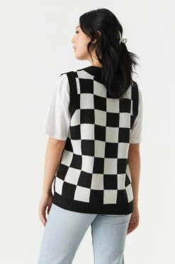 Stitches Ladies Sweaters Black Checkered Print Chunky Knit Vest