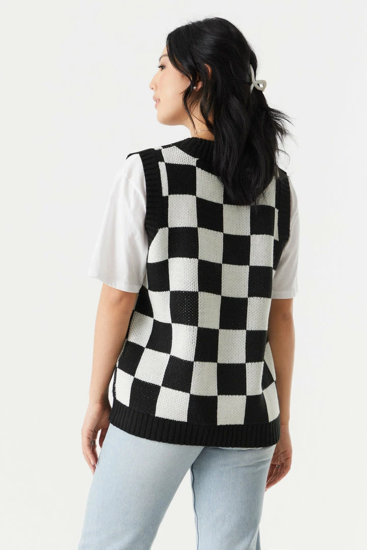 Stitches Ladies Sweaters Black Checkered Print Chunky Knit Vest 2 Stitches Ladies Sweaters Black Checkered Print Chunky Knit Vest