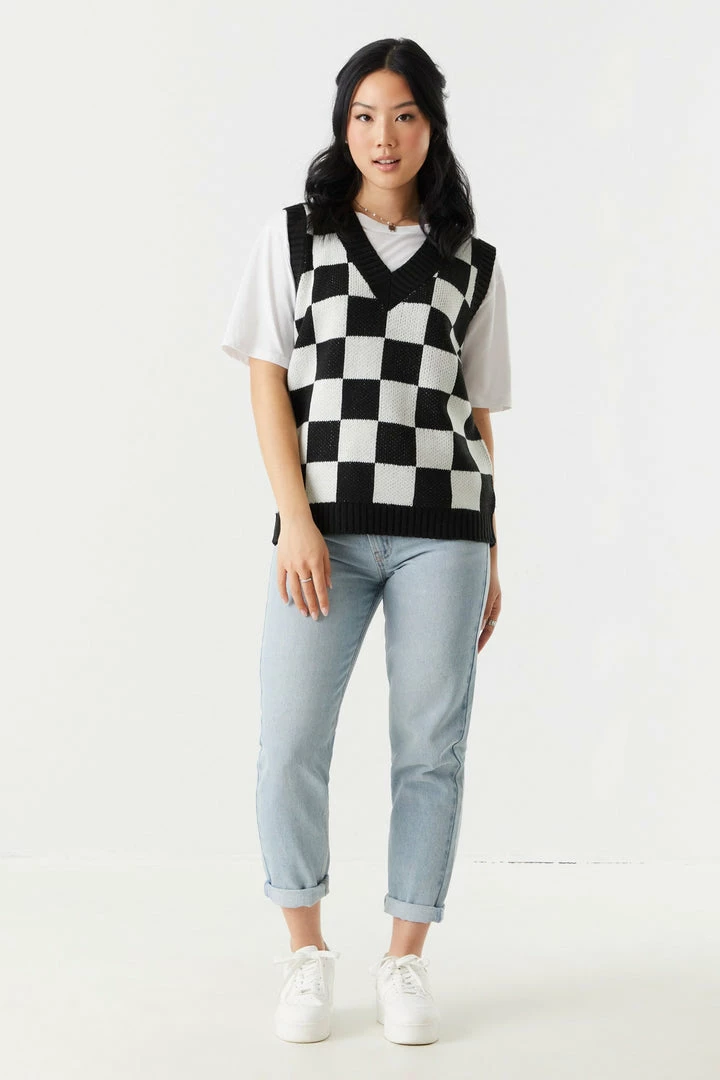Stitches Ladies Sweaters Black Checkered Print Chunky Knit Vest 3 Stitches Ladies Sweaters Black Checkered Print Chunky Knit Vest