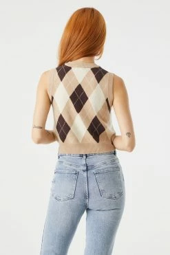 Stitches Ladies Tan Argyle Print Cropped V-Neck Sweater Vest