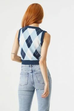 Stitches Ladies Blue Argyle Print Cropped V-Neck Sweater Vest Sweaters