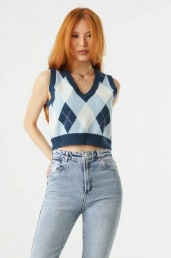 Stitches Ladies Blue Argyle Print Cropped V-Neck Sweater Vest Sweaters