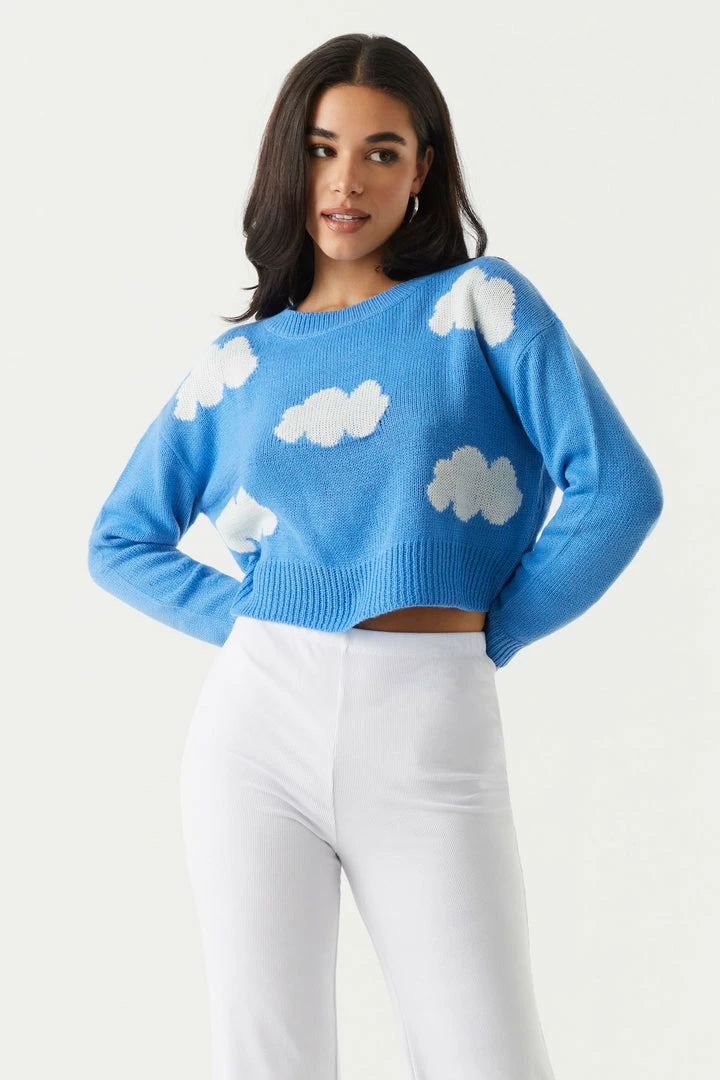 Stitches Ladies Cloud Print Cropped Knit Sweater 1 Stitches Ladies Cloud Print Cropped Knit Sweater