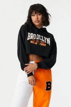 Stitches Ladies Brooklyn Graphic Cropped Fleece Hoodie Tops