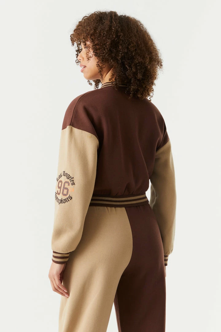 Stitches Ladies LA Legendary Graphic Cropped Varsity Jacket 2 Stitches Ladies LA Legendary Graphic Cropped Varsity Jacket