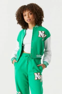 Stitches Ladies New York Graphic Cropped Varsity Jacket