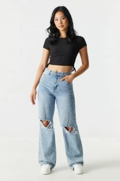 Stitches Ladies Ribbed Ruched Side Crop Top
