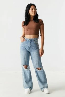 Stitches Ladies Ribbed Ruched Side Crop Top