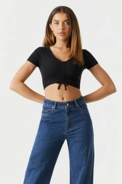 Stitches Ladies Tops Ribbed Cinched Front Crop Top 12 Stitches Ladies Tops Ribbed Cinched Front Crop Top