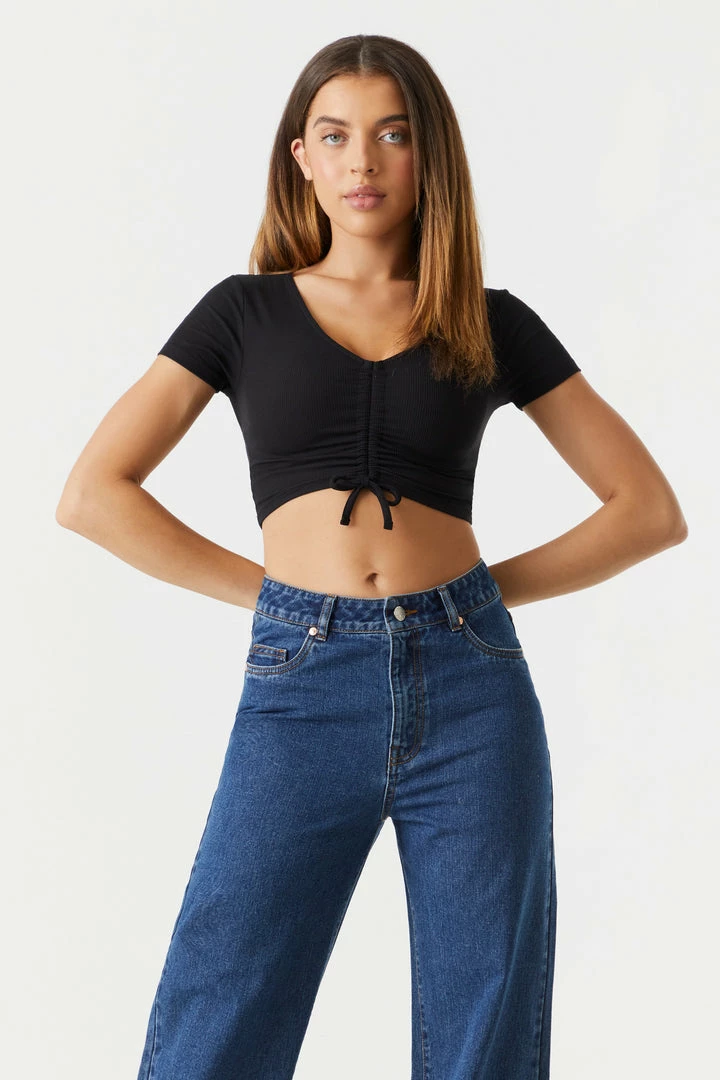 Stitches Ladies Tops Ribbed Cinched Front Crop Top 4 Stitches Ladies Tops Ribbed Cinched Front Crop Top