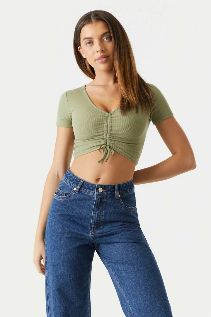 Stitches Ladies Tops Ribbed Cinched Front Crop Top 1 Stitches Ladies Tops Ribbed Cinched Front Crop Top