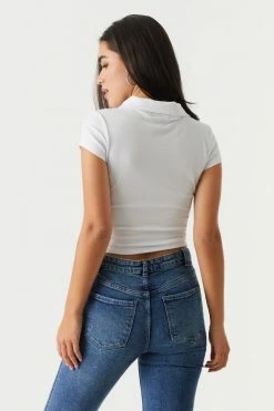 Stitches Ladies Soft Ribbed Button-Up Cropped Polo T-Shirt Tops