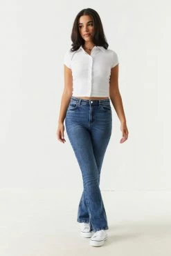 Stitches Ladies Soft Ribbed Button-Up Cropped Polo T-Shirt Tops