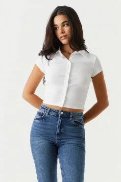 Stitches Ladies Soft Ribbed Button-Up Cropped Polo T-Shirt Tops