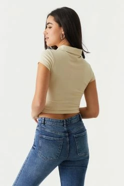 Stitches Ladies Soft Ribbed Button-Up Cropped Polo T-Shirt Tops