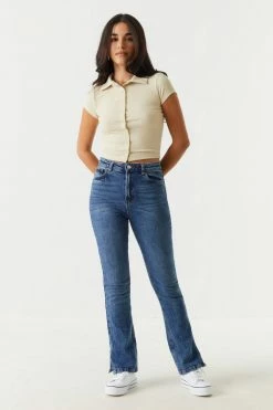 Stitches Ladies Soft Ribbed Button-Up Cropped Polo T-Shirt Tops