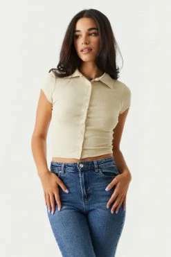 Stitches Ladies Soft Ribbed Button-Up Cropped Polo T-Shirt Tops