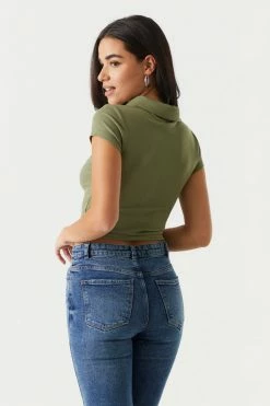 Stitches Ladies Soft Ribbed Button-Up Cropped Polo T-Shirt Tops