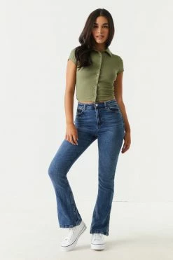 Stitches Ladies Soft Ribbed Button-Up Cropped Polo T-Shirt Tops