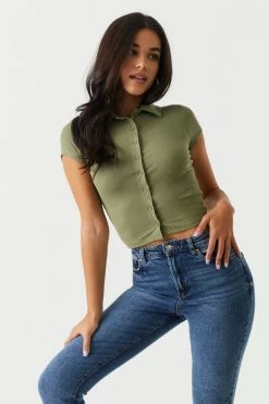 Stitches Ladies Soft Ribbed Button-Up Cropped Polo T-Shirt Tops