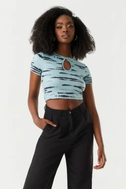 Stitches Ladies Tops Striped Tie-Dye Print Cut-Out Crop Top
