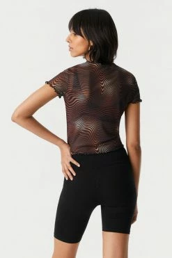 Stitches Ladies Warped Stripes Lettuce Hem Mesh T-Shirt