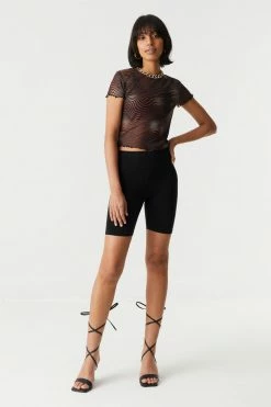 Stitches Ladies Warped Stripes Lettuce Hem Mesh T-Shirt 5 Stitches Ladies Warped Stripes Lettuce Hem Mesh T-Shirt