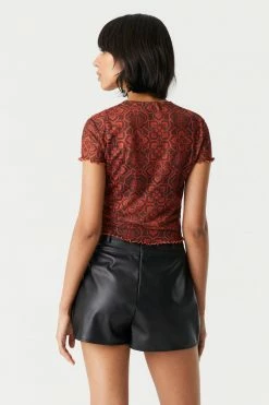 Stitches Ladies Tops Bold Floral Print Lettuce Hem Mesh T-Shirt