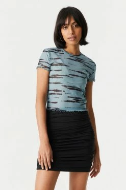 Stitches Ladies Tie-Dye Stripes Print Lettuce Hem Mesh T-Shirt