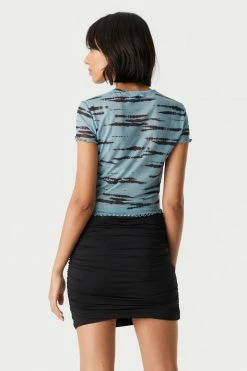 Stitches Ladies Tie-Dye Stripes Print Lettuce Hem Mesh T-Shirt