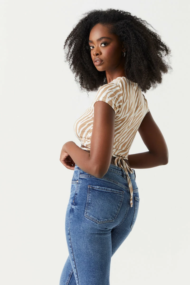 Stitches Ladies Zebra Print Crossover Self-Tie Waist Crop Top Tops 2 Stitches Ladies Zebra Print Crossover Self-Tie Waist Crop Top Tops