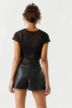 Stitches Ladies Mesh Newspaper Print Exposed Seam Crop Top Tops