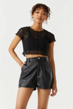 Stitches Ladies Mesh Newspaper Print Exposed Seam Crop Top Tops